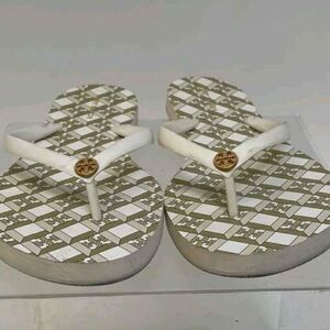 Tory Burch Designer Cream Gold Women Multicolor Flip Flops Thongs Sandals Size 8